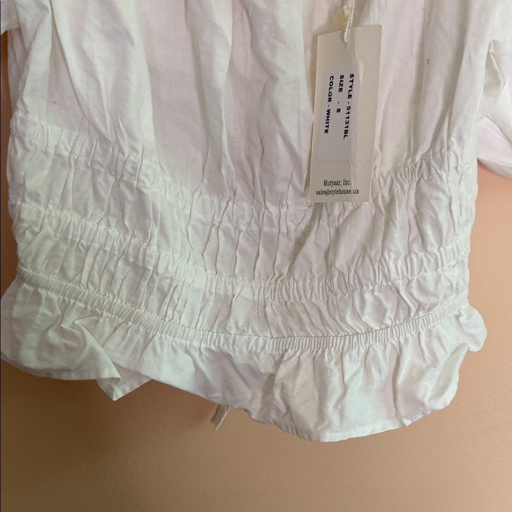 White Puff Sleeve Smocked Peplum Crop Top - Picture 5 of 8